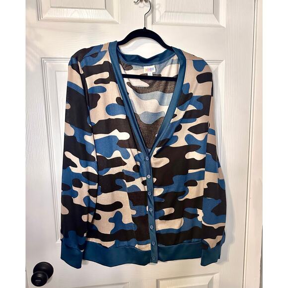 Lularoe Cardigan Button Jacket Blue Tab Black Camouflage 2XL 22/24 20 XXL - Picture 1 of 8
